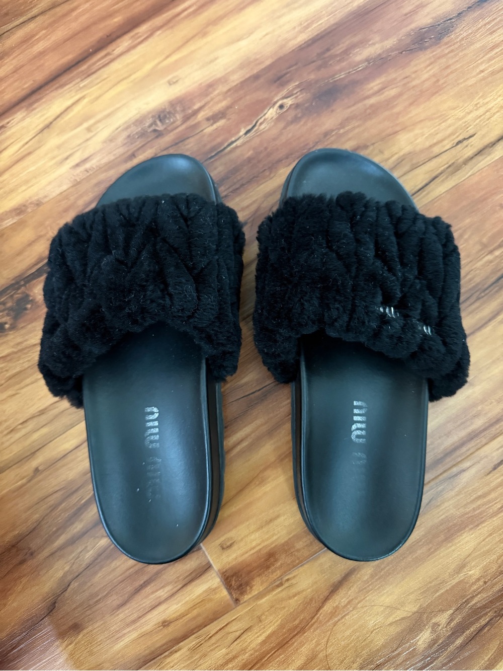 Miu Miu Black Slide Sandals with Faux Fur Strap